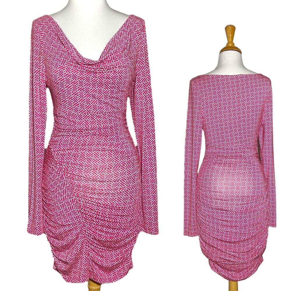 Tart Bodycon Women's Size M Pink Long Sleeve Dress Cowl Neck Ruched Stretchy